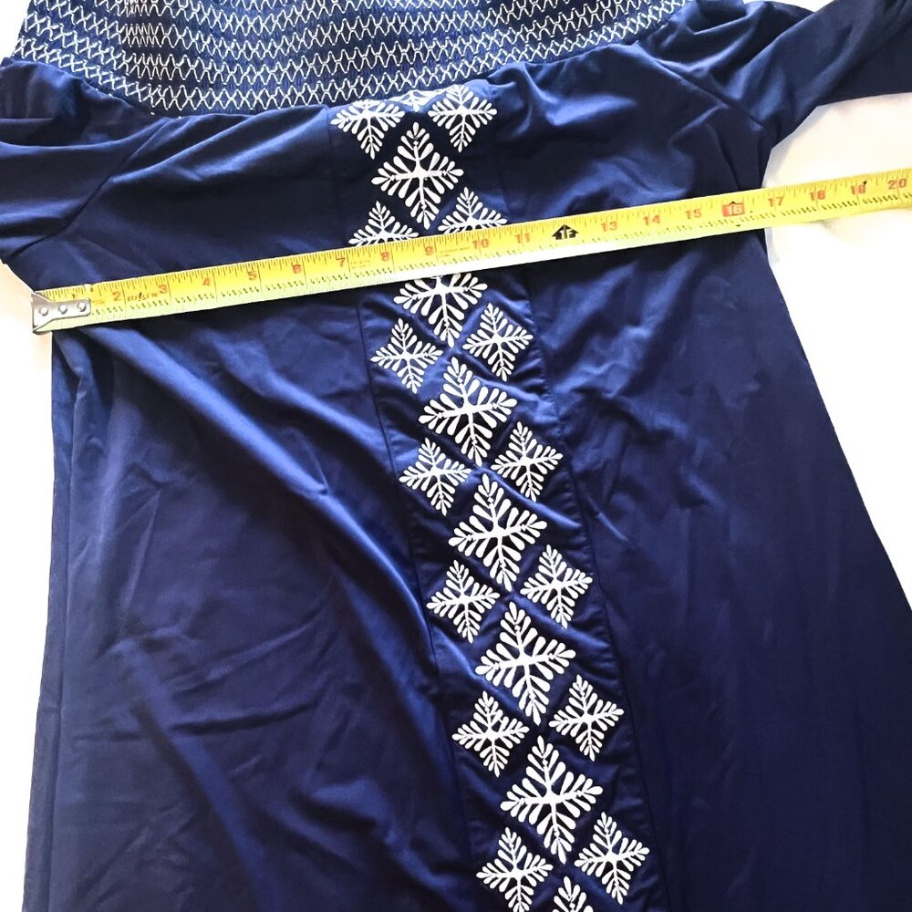 CABANA LIFE/Navy Embroidered Off The Shoulder Mini Dress Coverluxe Smocked Med - Picture 11 of 14